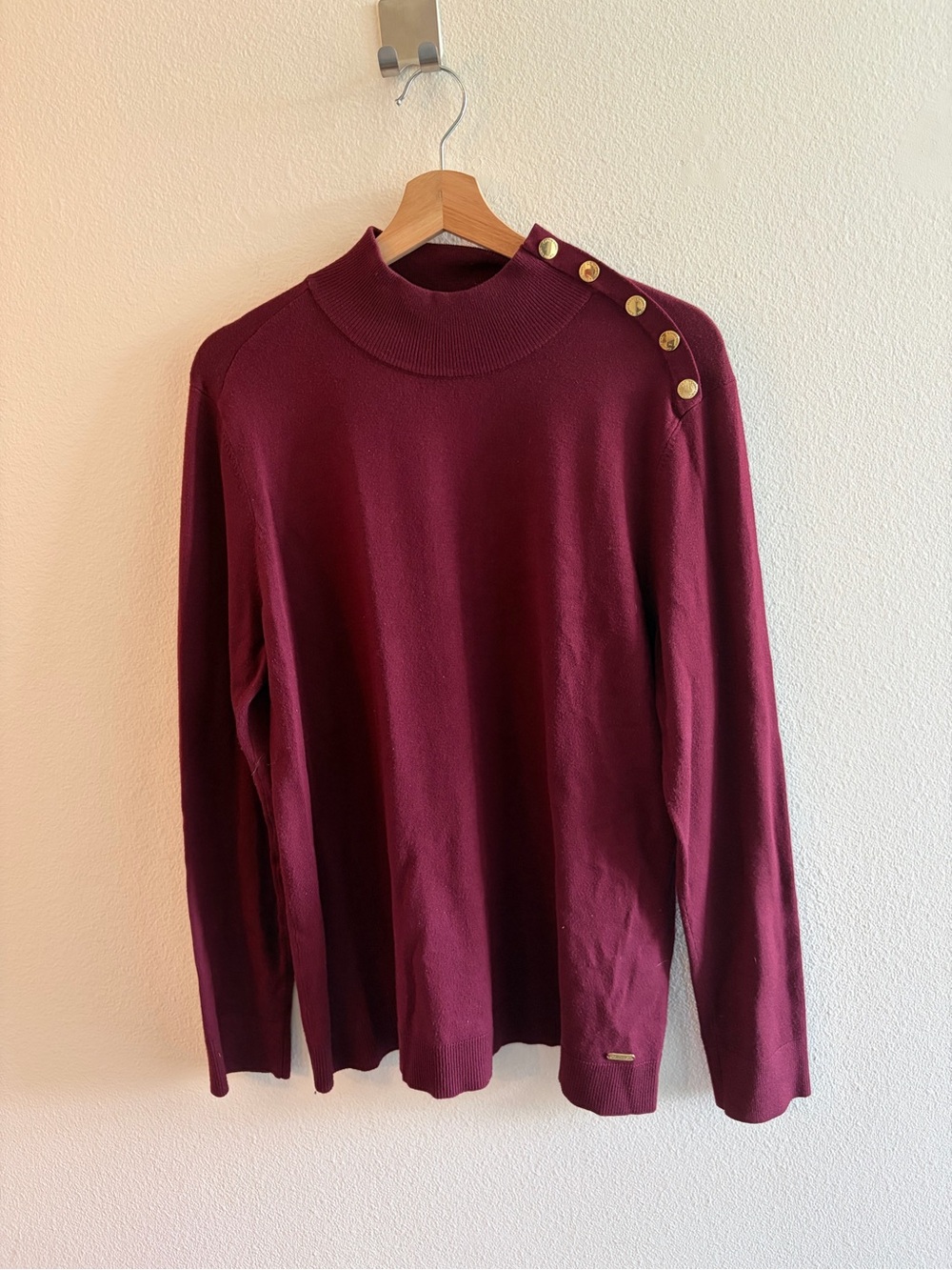 Calvin Klein Burgundy Turtleneck Sweater with Gold Shoulder Buttons